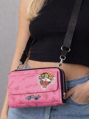 Ed Hardy Pink Tiger Print Crossbody Bag with Black Strap
